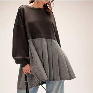 Free People Black Top with Pinstripe Skirted Hem